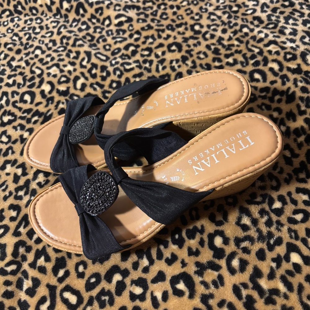 Italian Shoemakers Black and Tan Wedge Beaded Sandals